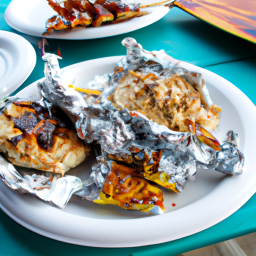 A plate of delicious camping recipes, including grilled foil packets and campfire s'mores.