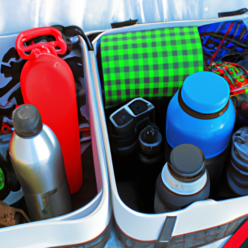 A collection of camping gear, including coolers, ready for an outdoor adventure.