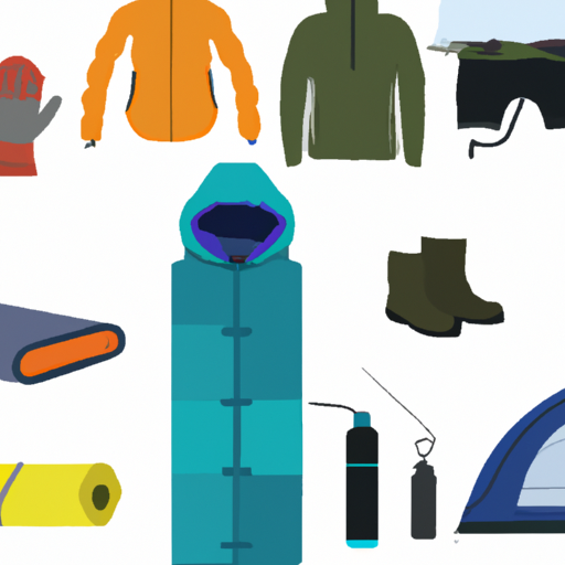 Various cold weather camping gear including a tent, sleeping bag, and insulated clothing.