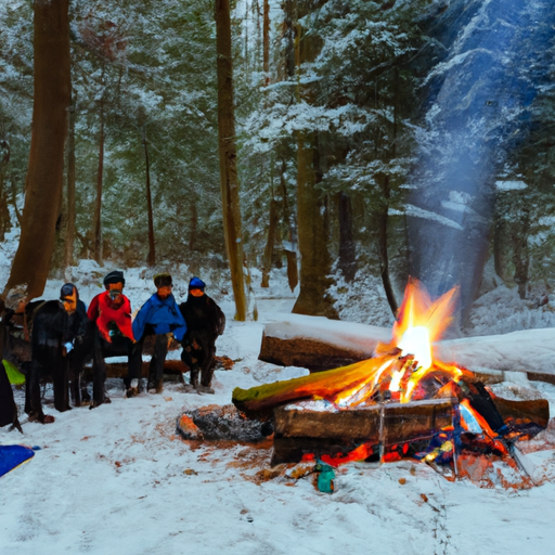 A group of campers huddled around a campfire in a snowy forest.